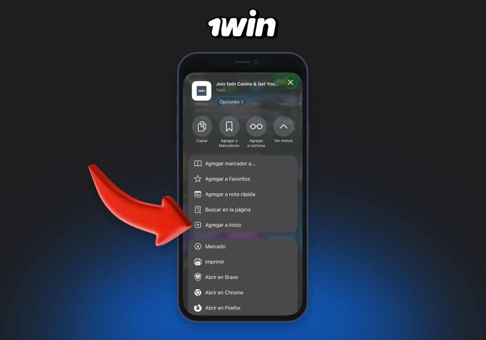 Para descargar la aplicación 1win para iOS, busque el botón Compartir en su navegador